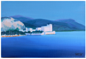 La C&ocirc;te d'Azur. Villa Grecque. Peinture &agrave; l'huile par Faccio